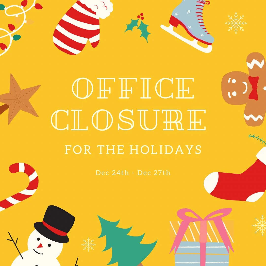festive holiday office closure graphic decorated with winter icons and christmas trees