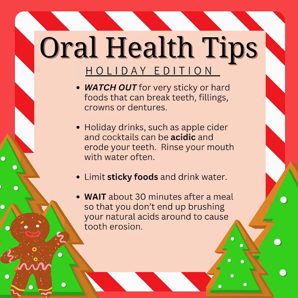 holiday oral health tips infographic with candy cane border, gingerbread man, and christmas trees