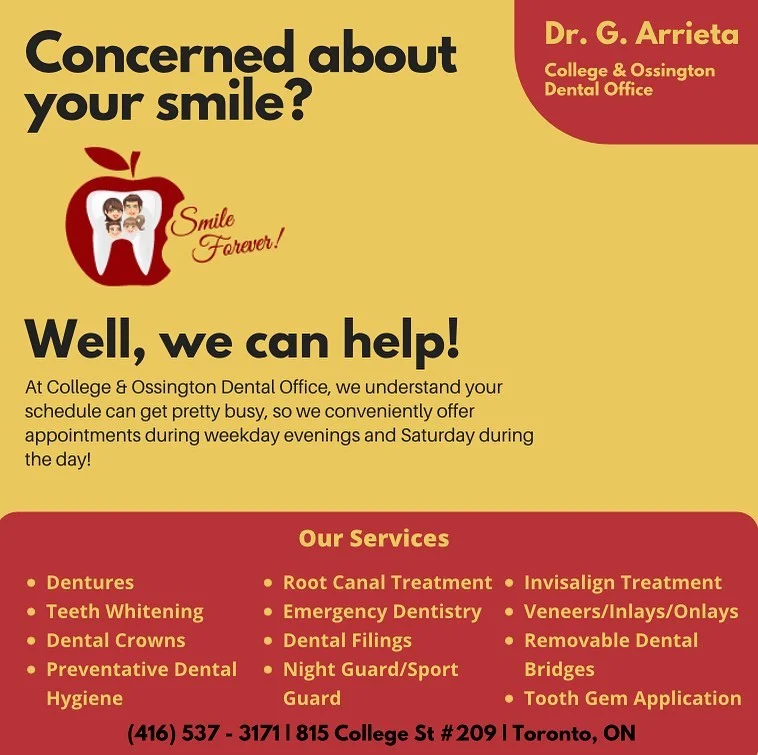 promotional flyer for dr g arrieta at college and ossington dental office listing full dental services