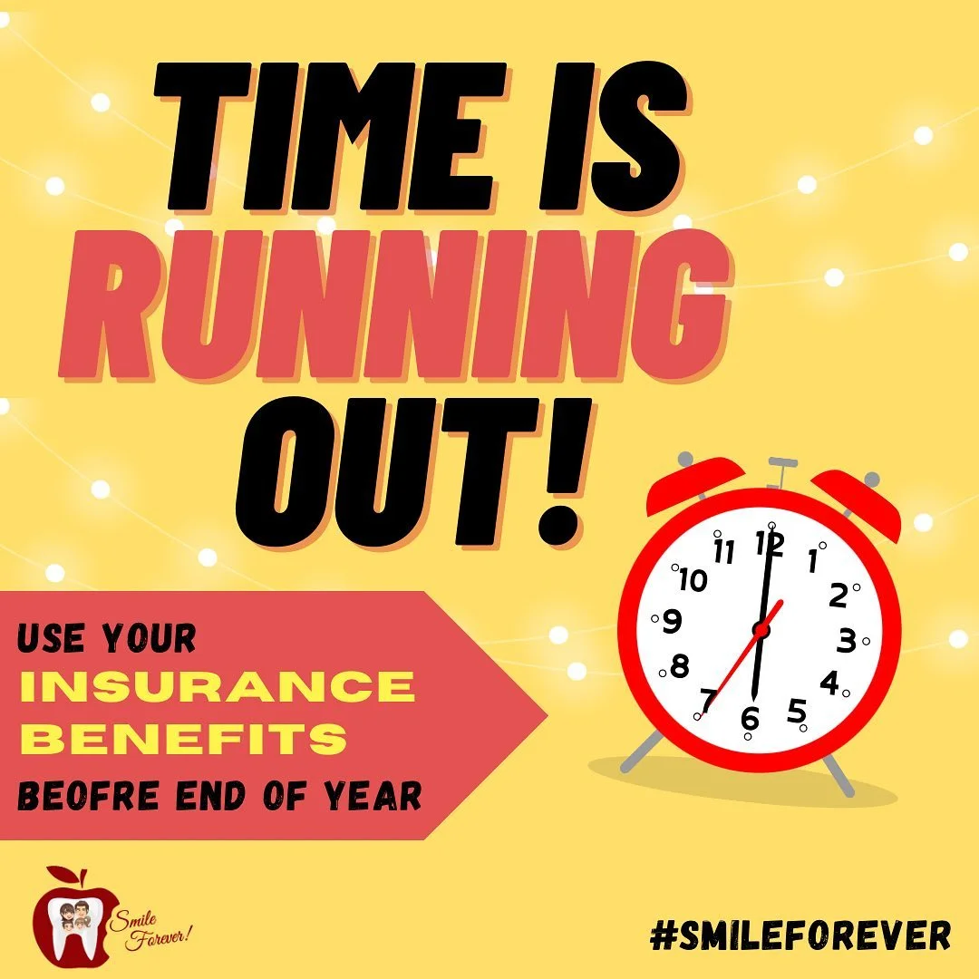 promotional graphic reminding patients to use dental insurance benefits before the end of the year with a red alarm clock
